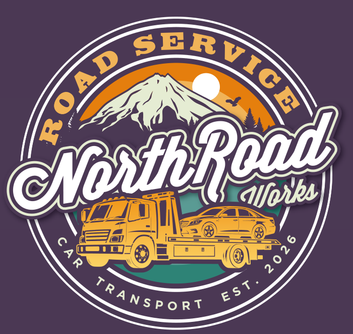 North Road Works ロゴ。山と車両を載せた積載車をあしらった紫とゴールドのエンブレム
